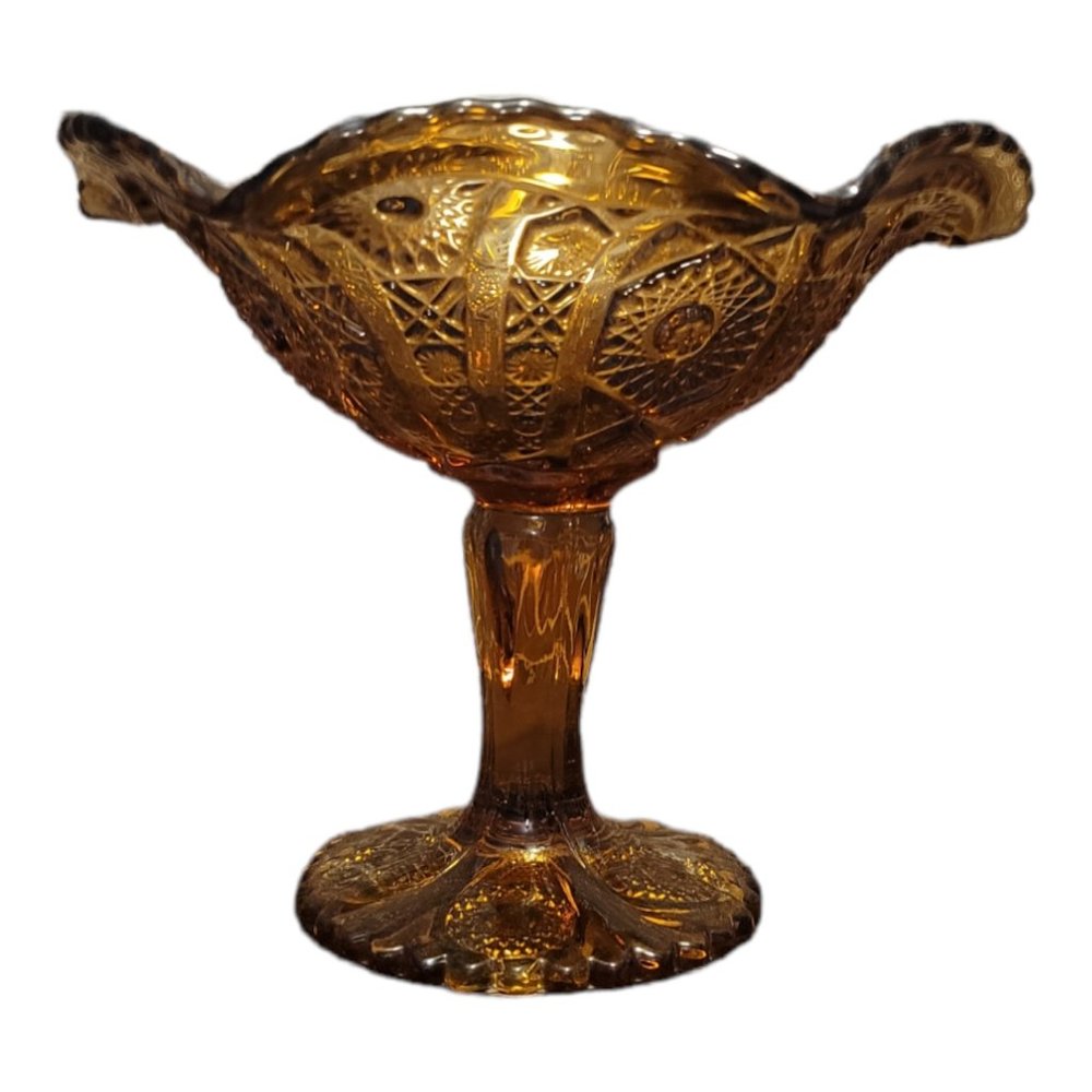 Imperial Glass Amber Pedestal Candy Dish Nu Cut Pattern